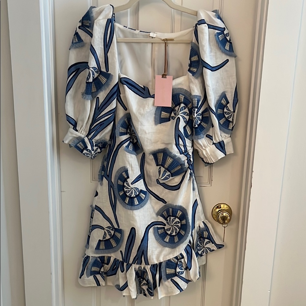 NWT Alexis San Paolo Giardino Blue Embroidered Linen Mini Dress - Size Small